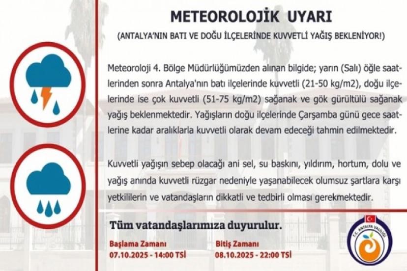 ANTALYA'DA SAĞANAK VE FIRTINA UYARISI: METEOROLOJİDEN SARI KOD!